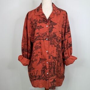 Linen Bowman New York Orange & Black Toile Print Button Down Shirt